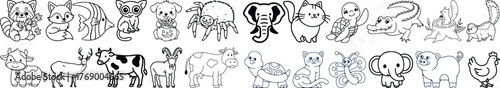 Forest animals doodle icon set. Cute hand drawn sketch illustrations of owl, deer, bear, rabbit, wolf and hedgehog. Black and white cartoon art for woodland wildlife themes.
