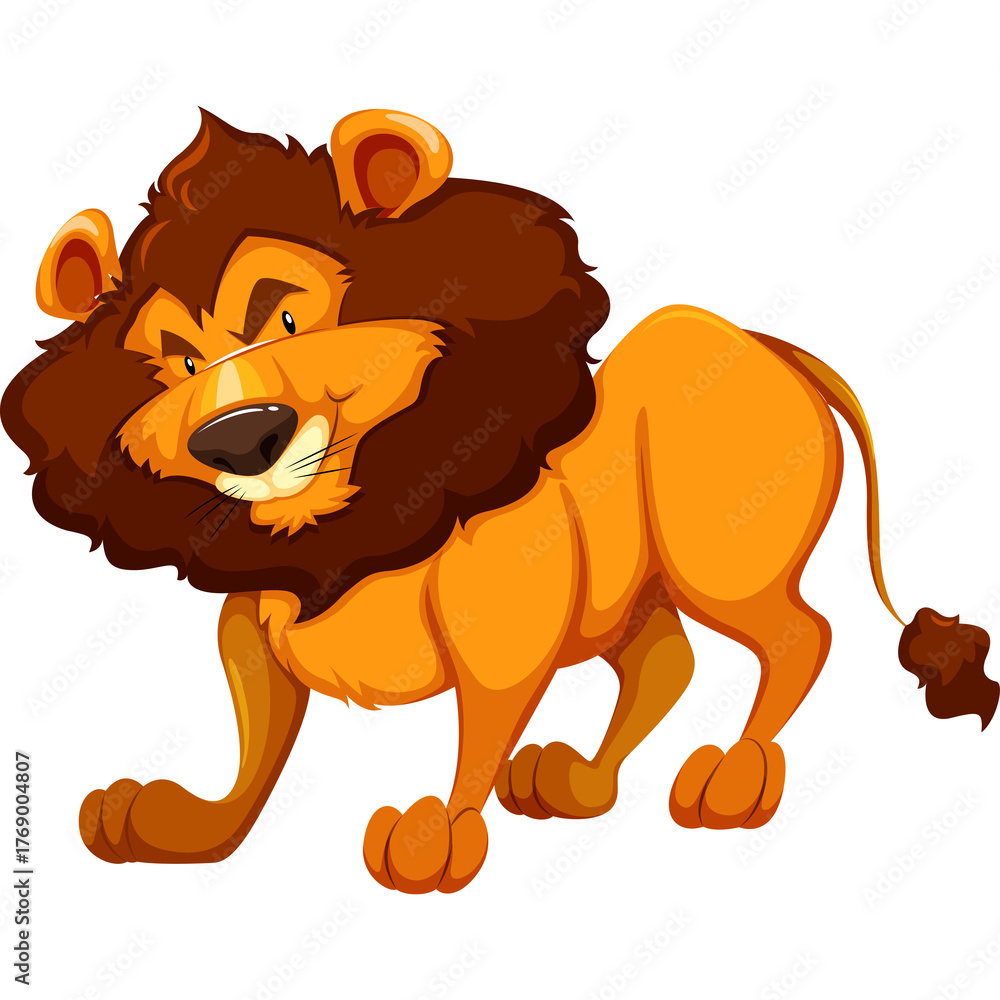 Obraz premium Illustration of a Cartoon Lion with a Dark Mane and Golden Body Standing Proudly Against a Transparent Background