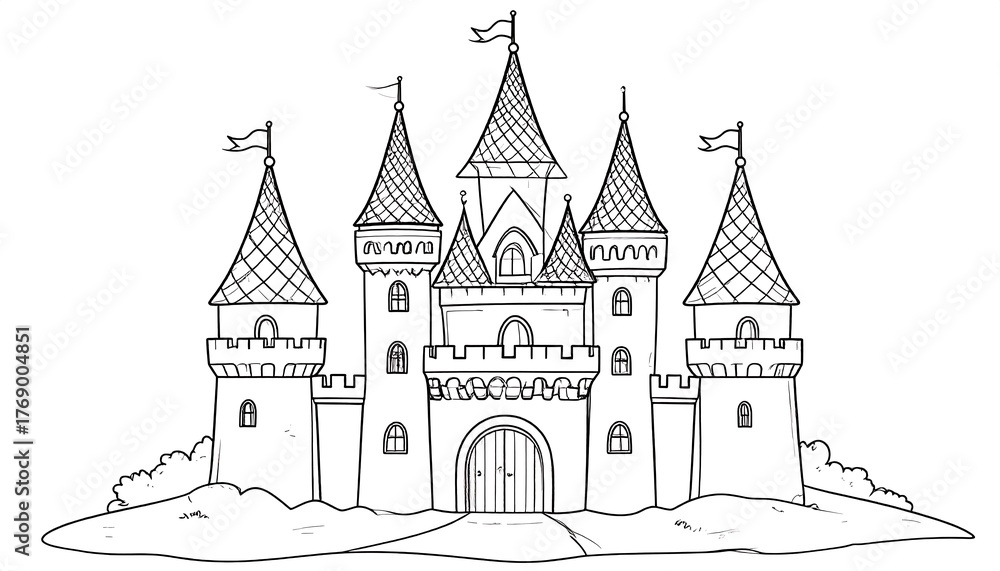 Obraz premium A simple black and white drawing of a fairytale castle