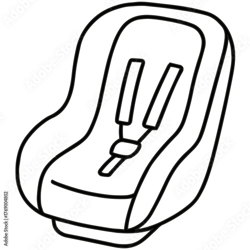 Baby Car Seat Illustration: A simple yet effective black and white line art depicts a child's car seat, designed for safety and comfort. It's a symbol of child safety and parental care.