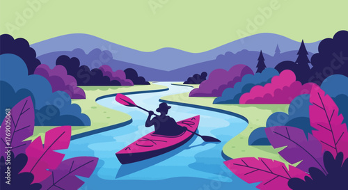 Kayaking adventure scenic river landscape nature exploration outdoor fun editable vector