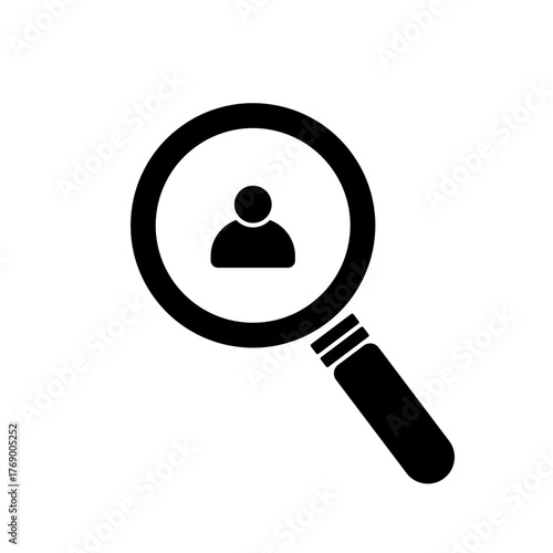 User search and people discovery vector icon. Magnifying glass analyzing an anonymous person profile symbol for human resources, recruitment, and account management