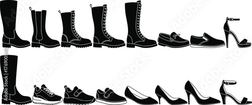 Assorted footwear styles boots sneakers heels loafers shoes fashion vector editable vector