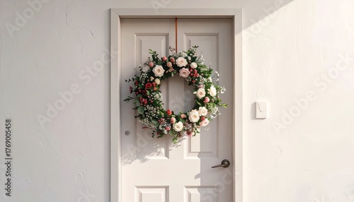 christmas wreath on the white door, design concept