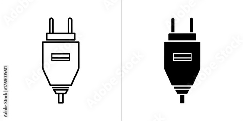 Two electrical plugs, one in outline and one in solid black