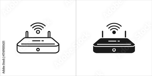 Two icons of a wireless router, one outline and one solid black