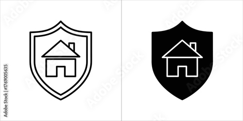 Two icons of a shield with a house inside, one outline and one solid black