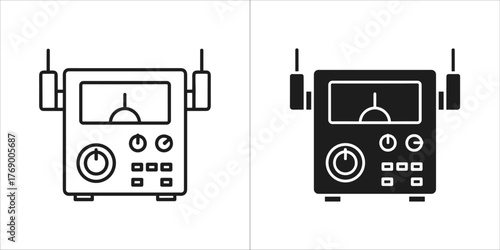 Line art and solid black icon of a measuring device with a dial and buttons