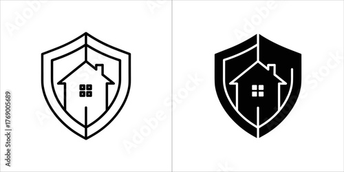 Two house on shield icons, one outline and one filled
