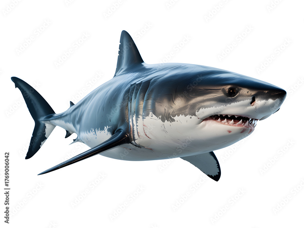 Fototapeta premium Great white shark isolated on transparent background swimming underwater
