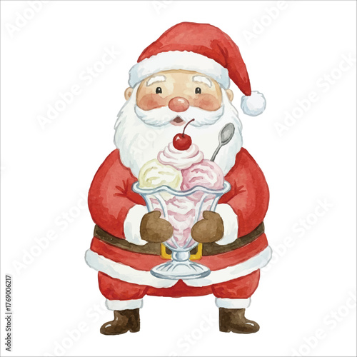 Santa Eating Ice Cream Sundae Watercolor Vector
