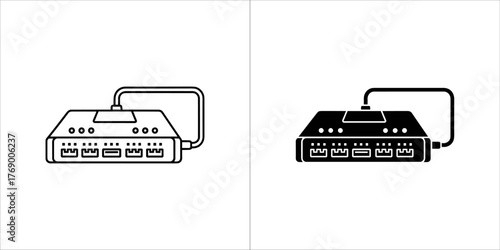 Two icons of a network switch with cable, one outline and one filled