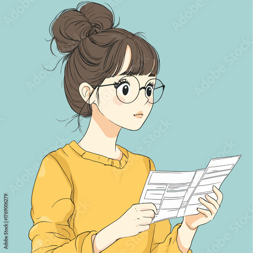 Confused Woman Looking at Long Receipt, Shopping Expense Concept, Hand drawn style vector design illustrations.   , vector style simple color