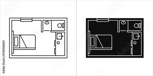 Floor plan of a small hotel room with bathroom and bed, line art and silhouette