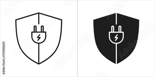 Shield with electrical plug icon, representing energy security, line art and silhouette