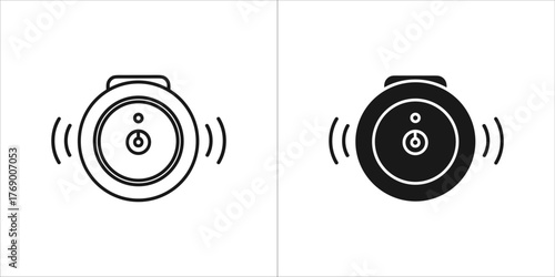 Line art and solid black icon of a round timer with sound waves