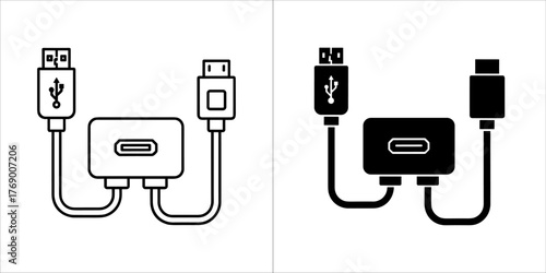 Usb adapter cable icon, black and white outline and filled versions