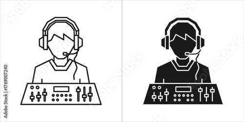 Line art and silhouette of a person wearing headphones with a microphone and a sound mixing board
