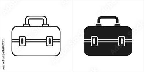 Black and white outline and filled icon of a briefcase