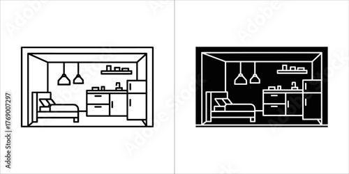 Simple line art illustration of a studio apartment interior with a bed, kitchen counter, and refrigerator