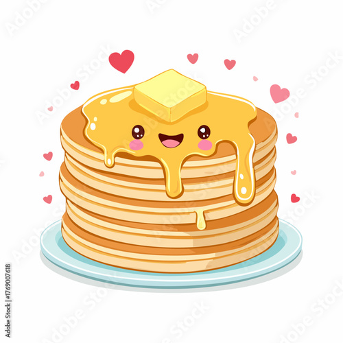 A stack of delicious, golden-brown pancakes topped with melting butter and sweet syrup, with hearts floating around.