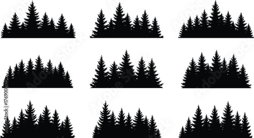 trees, forest, silhouette, coniferous, pine, fir, nature, black, vector, cluster, landscape, evergreen, woodland, design, graphic, flat, CAD, drawing, illustration, background