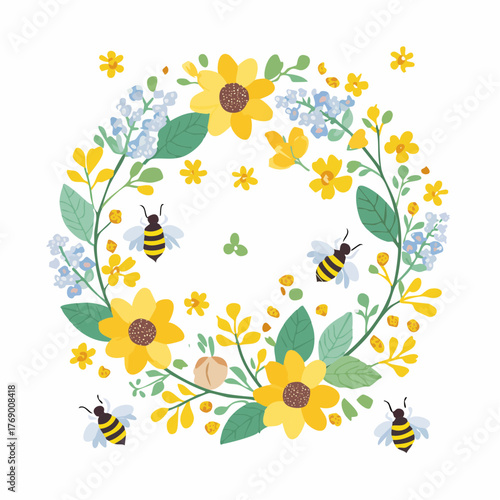 A decorative floral wreath with yellow sunflowers, blue flowers, and cute honey bees on a white background.