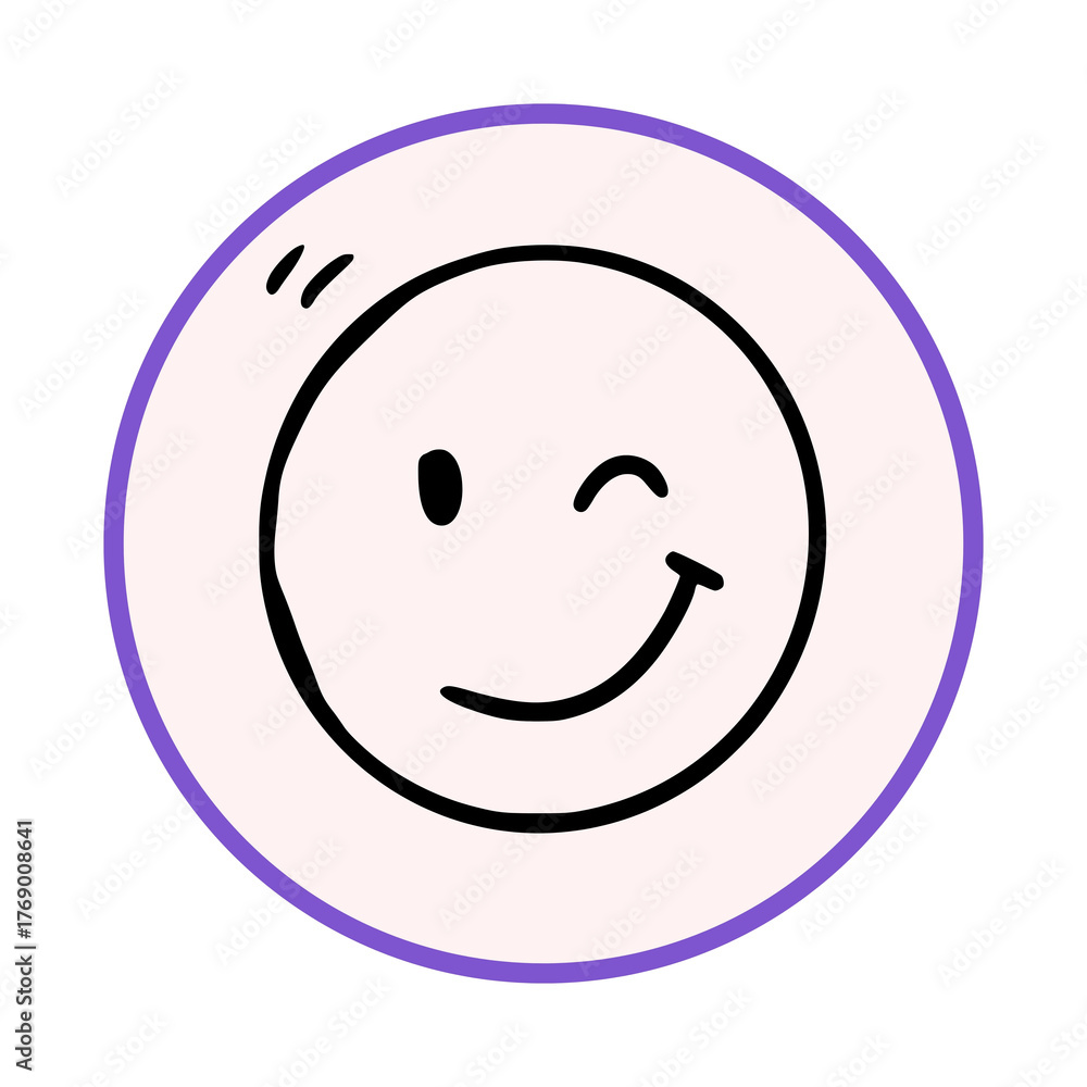 Fototapeta premium Winking smiley face doodle inside purple circle