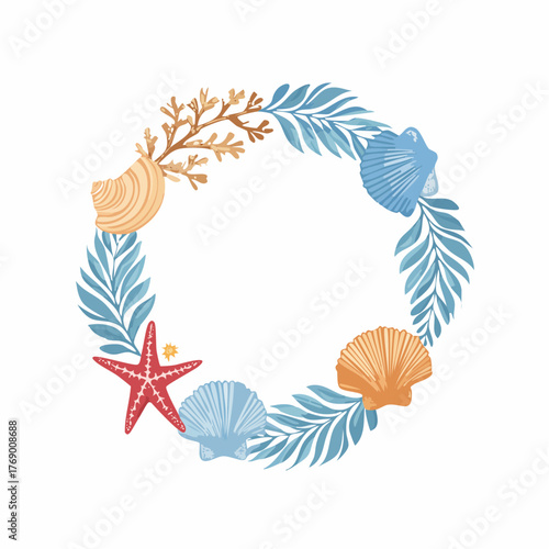 Seashell and starfish wreath with blue leaves and coral.