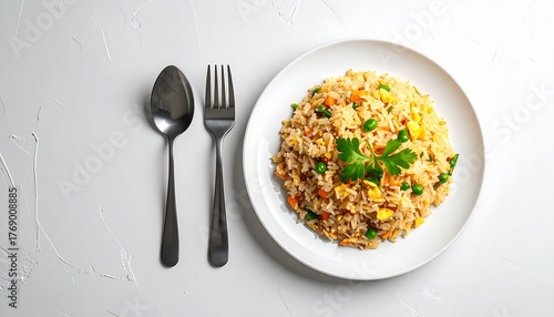 nasi goreng on the plate with minimalist background