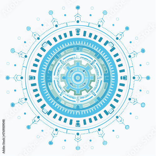 Intricate digital illustration of a futuristic circular design with gears and technological elements.