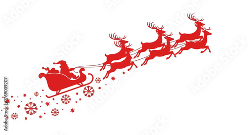 Santa Claus Sleigh Ride Christmas Reindeer in Flight Illustration