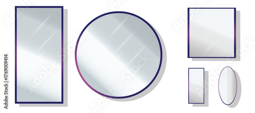 Realistic mirrors. Metal round and rectangular frames, white template. Makeup or interior furniture reflecting glass surfaces, 3D isolated Silver mockup vector set, illustration design