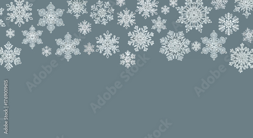 Delicate snowflakes floating on gray, serene winter background, wintery illustration for festive cards and social media posts