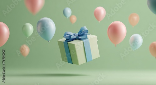 Beautiful gift box with blue ribbon bow surrounded by colorful pastel balloons floating against soft green background. Birthday party celebration and gift giving concept.