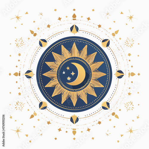 Celestial Sun and Moon Emblem with Stars and Ornate Golden Accents on White Background.