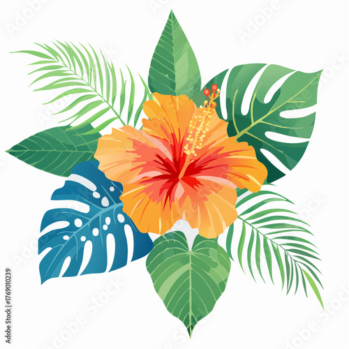 Vibrant orange hibiscus flower with red center surrounded by a lush arrangement of various green tropical leaves, including palm fronds and monstera leaves, on a white background.