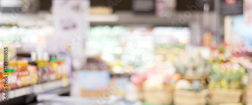 Blurred grocery store supermarket background with bokeh light, Blur fresh food at product shelves in market backdrop, business banner, wallpaper