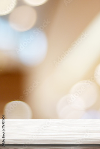 Empty white wood table top, counter, desk background over blur  bokeh background, Vertical wooden table, shelf and blurred kitchen restaurant for food, product display mockup, template