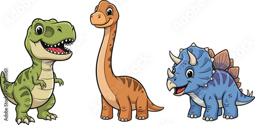 Cute cartoon dinosaurs smiling together, colorful prehistoric animals illustration, adorable baby T-Rex, brontosaurus, and triceratops in vector art style
