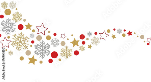 Festive wave of snowflakes, stars and dots on white background