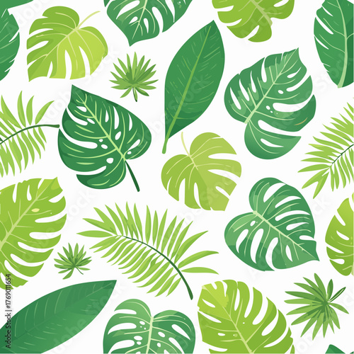 A vibrant seamless pattern featuring a variety of lush green tropical leaves, including Monstera and palm fronds, set against a clean white background.