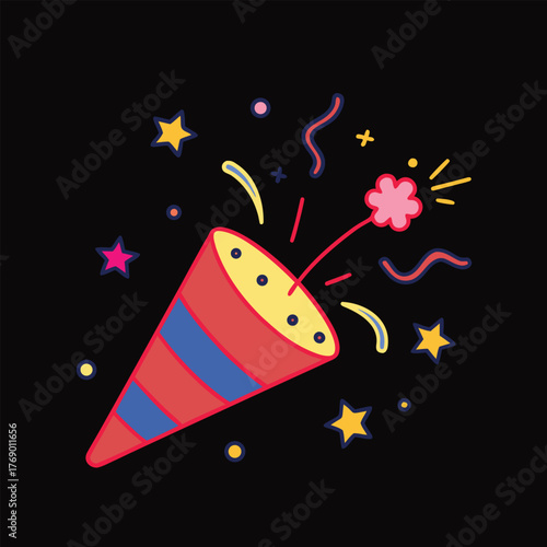 Hand-drawn illustration of a party popper exploding with confetti and stars on black
