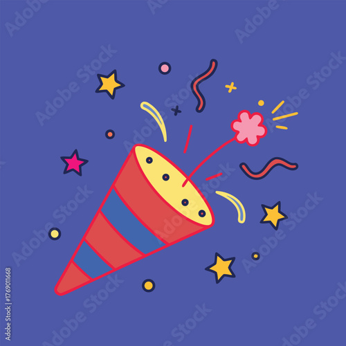 Hand drawn illustration of a party popper exploding with confetti and stars on blue