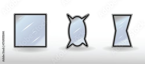 Realistic mirrors. Metal round and rectangular frames, white template. Makeup or interior furniture reflecting glass surfaces, 3D isolated Silver mockup vector set, illustration design