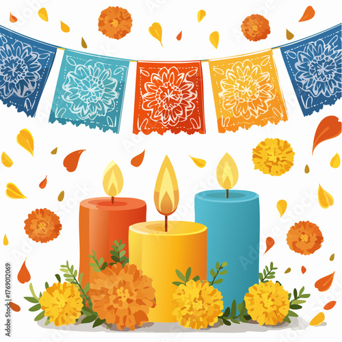 A vibrant illustration of three lit candles surrounded by marigolds and papel picado banners, evoking a festive Day of the Dead atmosphere.