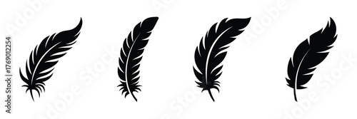 Feather icon. Bird feather icon set. Clean and detailed feather vector set ideal for natural and spiritual design themes. Feather black silhouette vector illustration. EPS 10