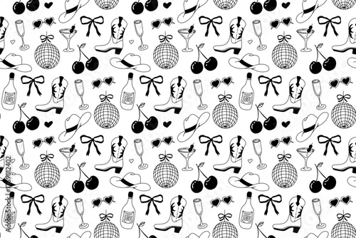 Whimsical cowgirl seamless pattern with cherries and rope details
