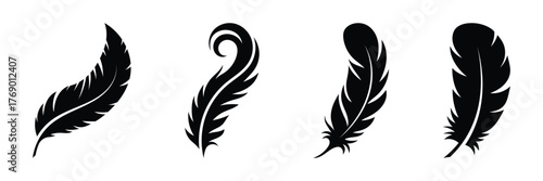 Vector black and white fluffy feather logo icons. Silhouette feather set closeup isolated. Design template of flamingo, angel, bird feather. Lightness and freedom concept
