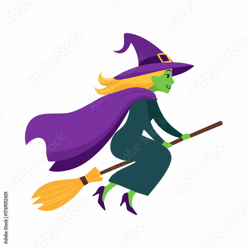 A cheerful cartoon witch with green skin, blonde hair, and a purple hat and cape, flying on a broomstick.
